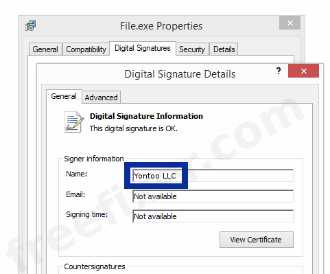 Screenshot of the Yontoo LLC certificate